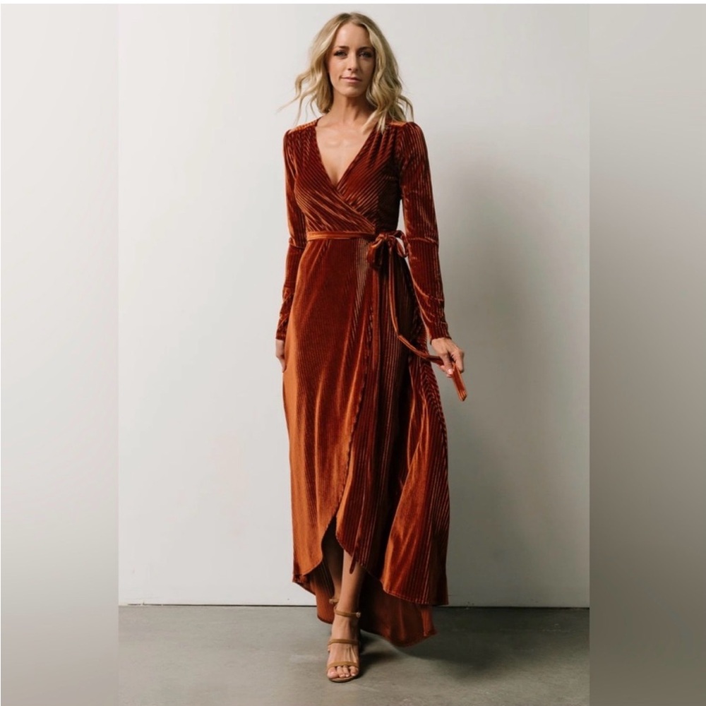 Baltic Born Velvet Wrap Midi Dress in Rust